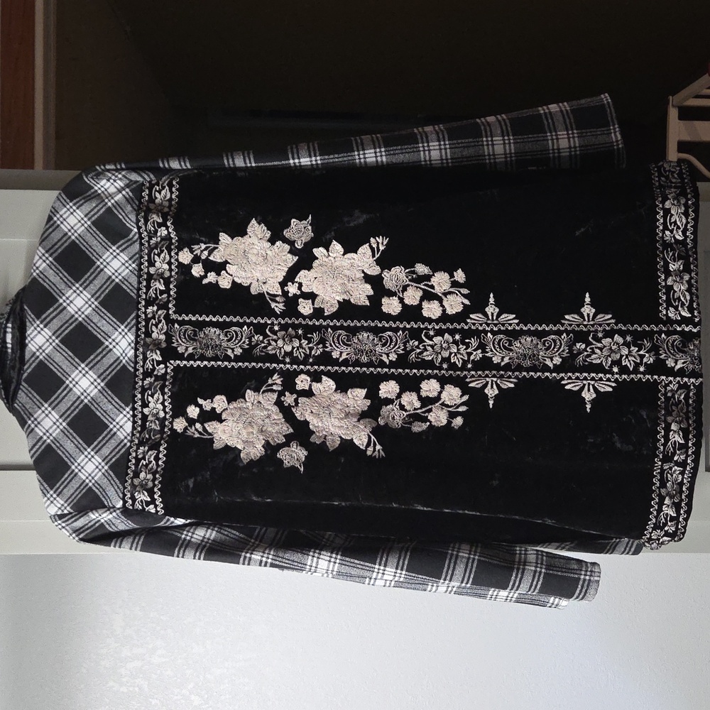APRIL SKY Classic Black and White Plaid Women's Button Down Embroidered Shirt